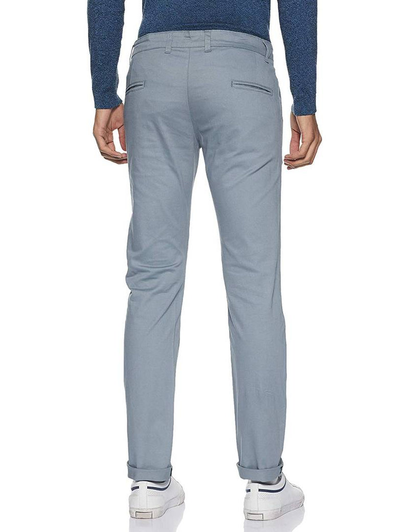 Men's Blue Cotton Blend Solid Mid-Rise Slim Fit Regular Casual Trouser