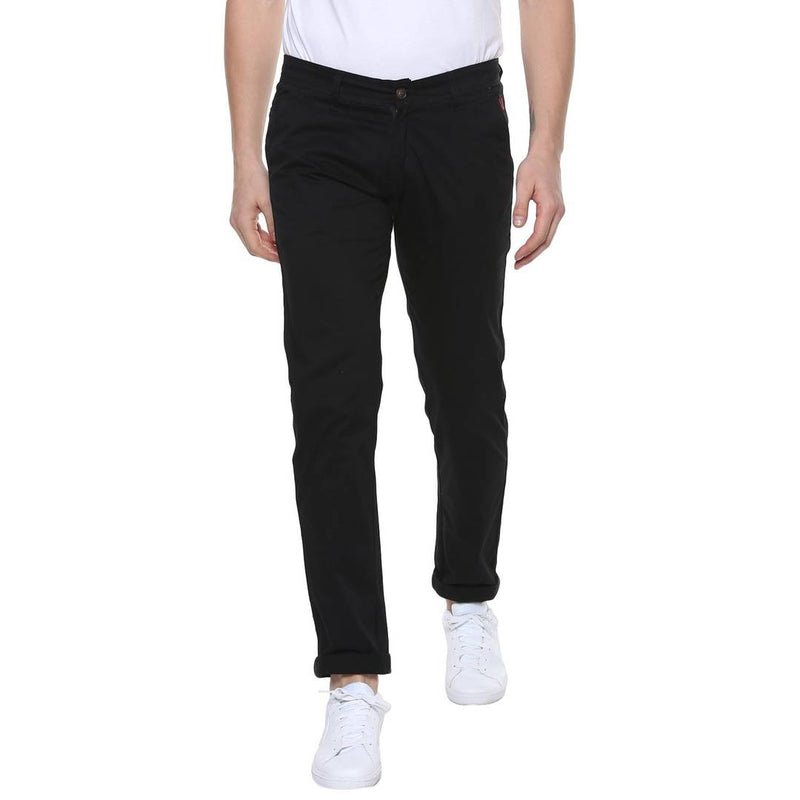 Men's Black Cotton Blend Solid Mid-Rise Slim Fit Regular Casual Trouser