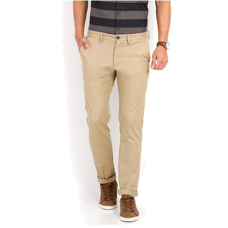 Men's Beige Cotton Blend Solid Mid-Rise Slim Fit Regular Casual Trouser