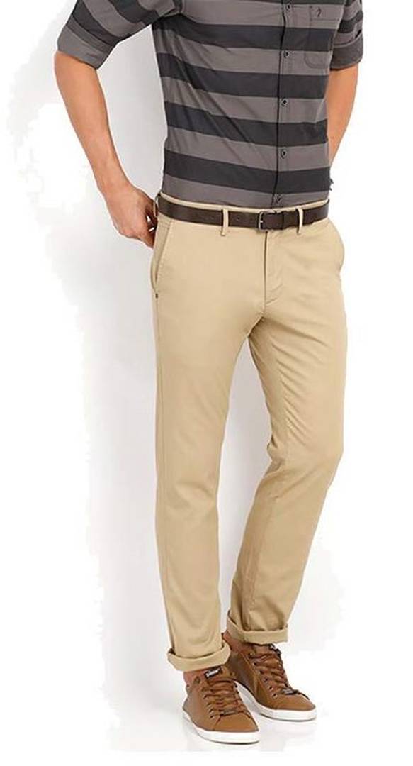 Men's Beige Cotton Blend Solid Mid-Rise Slim Fit Regular Casual Trouser