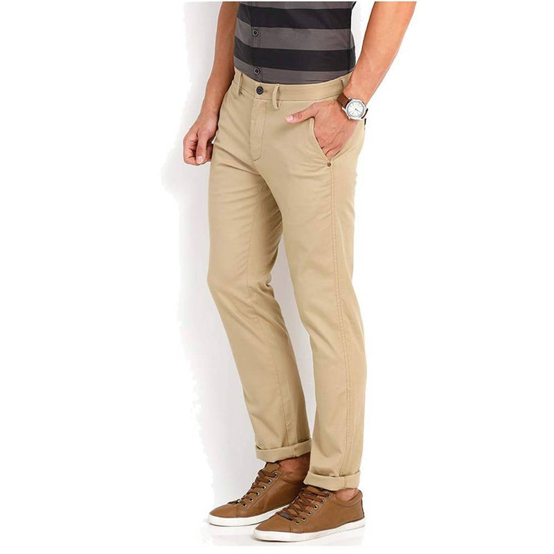 Men's Beige Cotton Blend Solid Mid-Rise Slim Fit Regular Casual Trouser