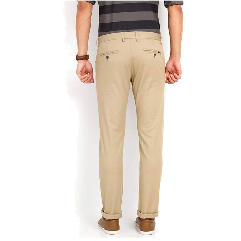 Men's Beige Cotton Blend Solid Mid-Rise Slim Fit Regular Casual Trouser