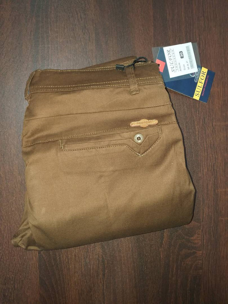 Men's Khaki Cotton Blend Solid Mid-Rise Slim Fit Regular Casual Trouser