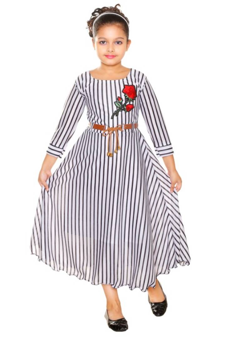 RNR FASHION Girls White and Black Colored Imported Lycra Blended Striped Long/Ankle Length 3/4 Sleeve Gown Frock(RNR061)