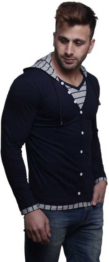 Men's Navy Blue Cotton Solid Hooded Tees