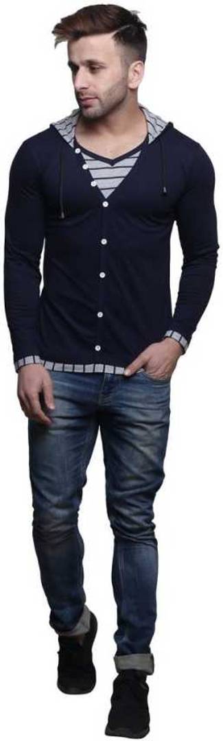 Men's Navy Blue Cotton Solid Hooded Tees