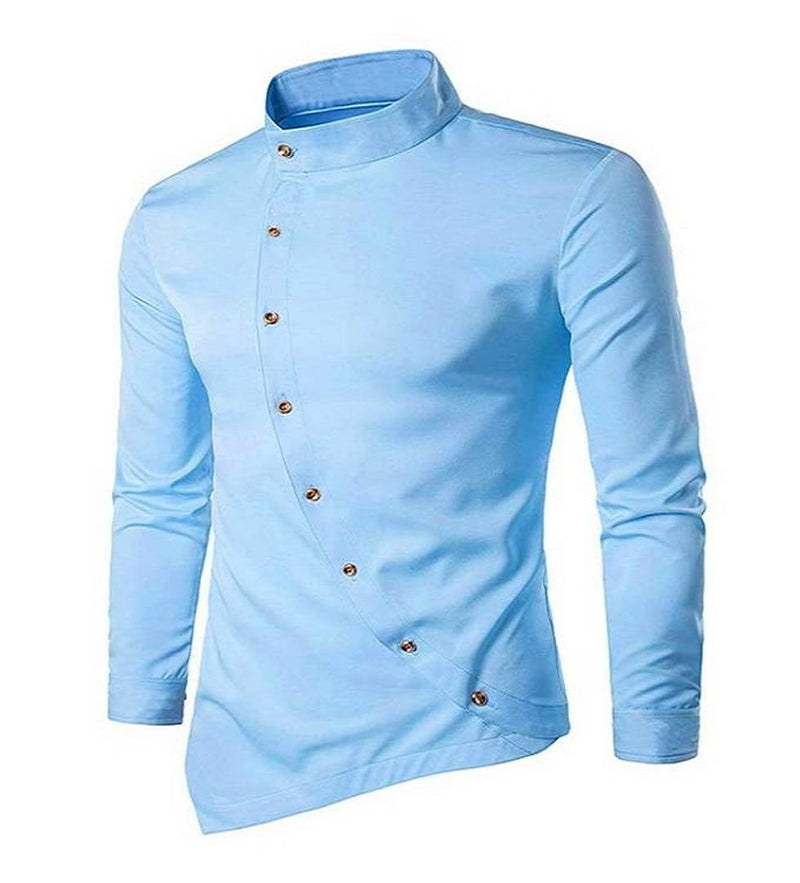 Men's Blue Cotton Blend Solid  Long Sleeves Slim Fit Casual Shirt