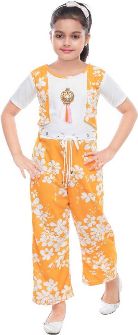 Fashionable Yellow Cotton Blend Jumpsuit For Girls