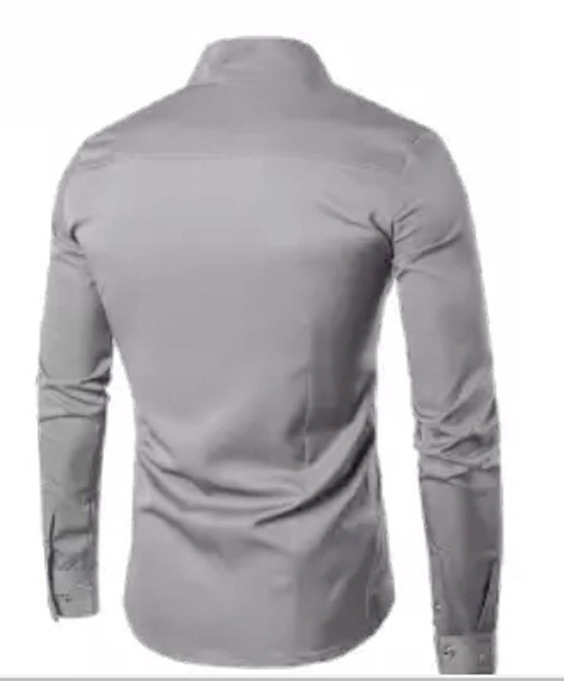 Men's Grey Cotton Blend Solid Long Sleeves Slim Fit Casual Shirt