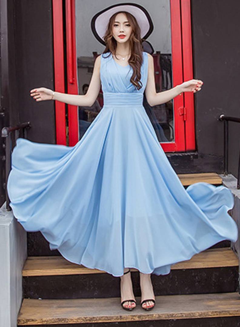 Sky Blue V-Neck Long  Maxi Sleeveless Dress