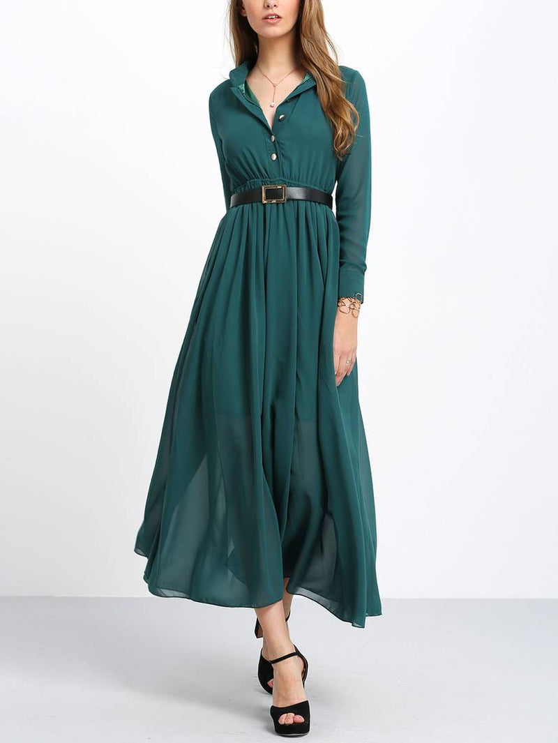 Green Belt Collar Long Maxi Dress