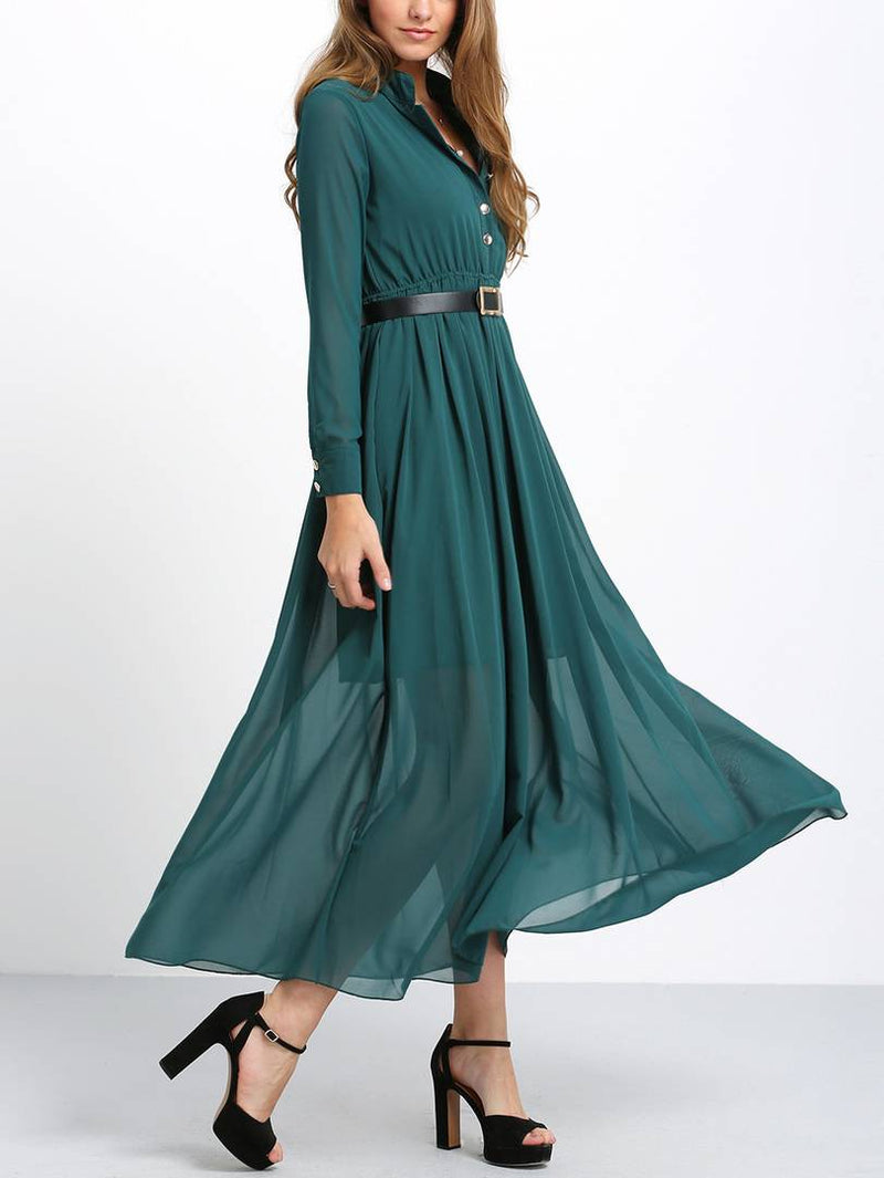 Green Belt Collar Long Maxi Dress