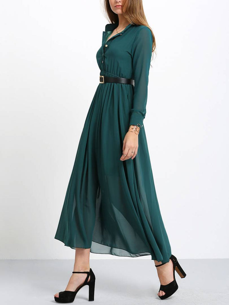 Green Belt Collar Long Maxi Dress