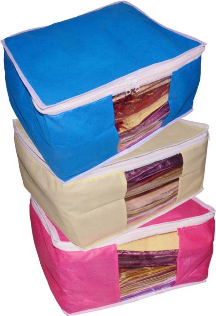 Pack of 3 Non Woven  Saree Cover Organizer bag vanity pouch Keep saree/Suit/Travelling Pouch  (pink,blue,cream)