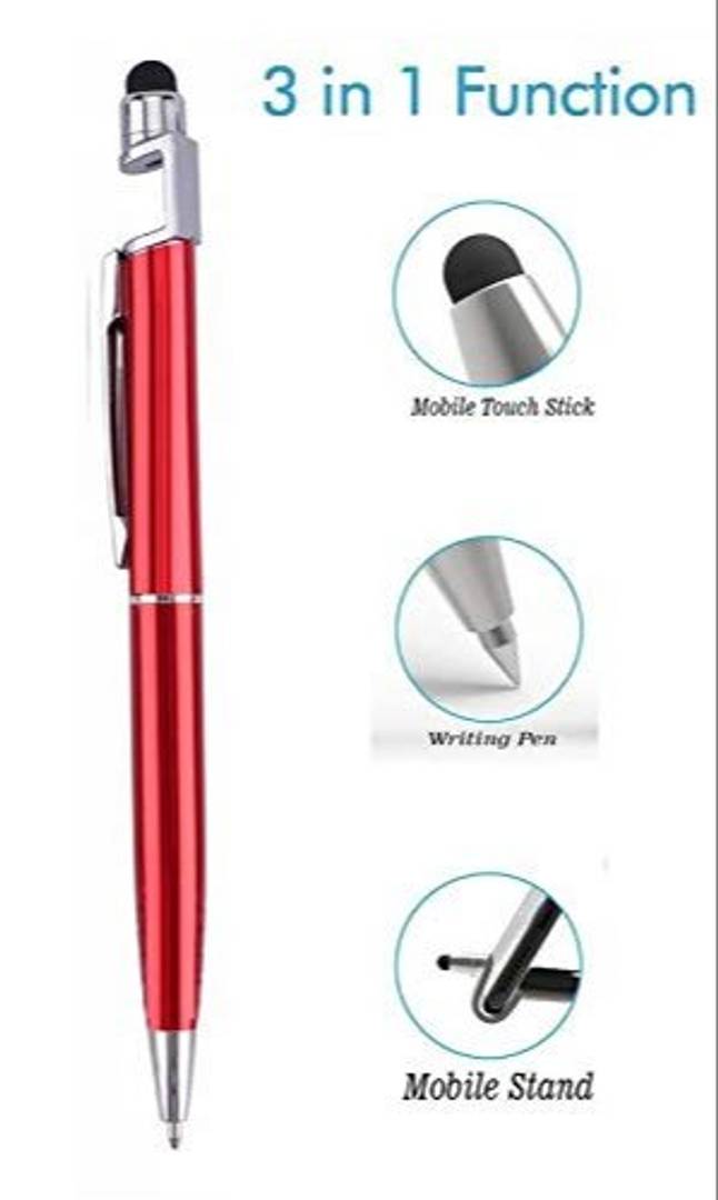 (Set of 2) Universal 3 in 1 Ballpoint Function Stylus Pen with Mobile Stand Holder, Writing Pen,Screen Wipe for All Android Touchscreen Mobile Phones and Tablets (Multi-Color)