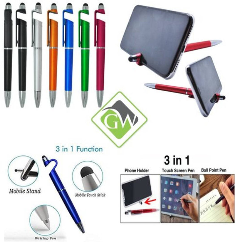 3 in 1 Function Ballpoint Writing Pen with Smartphone Stand Holder, Screen Wipe for All Android Touchscreen Mobile Phones and Tablets (SET OF 1)