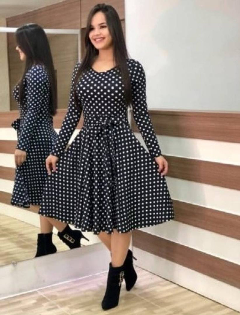 Black Checked Crepe Fit and Flare Dress