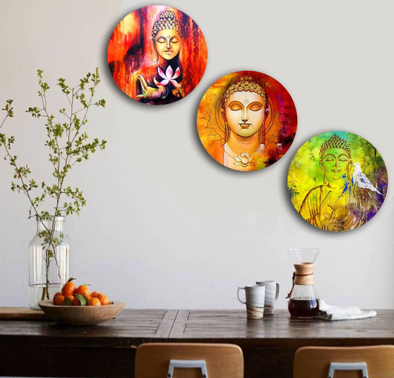 Studio Shubham wooden Abstract buddha painting wall plates hanging(Set of 3)