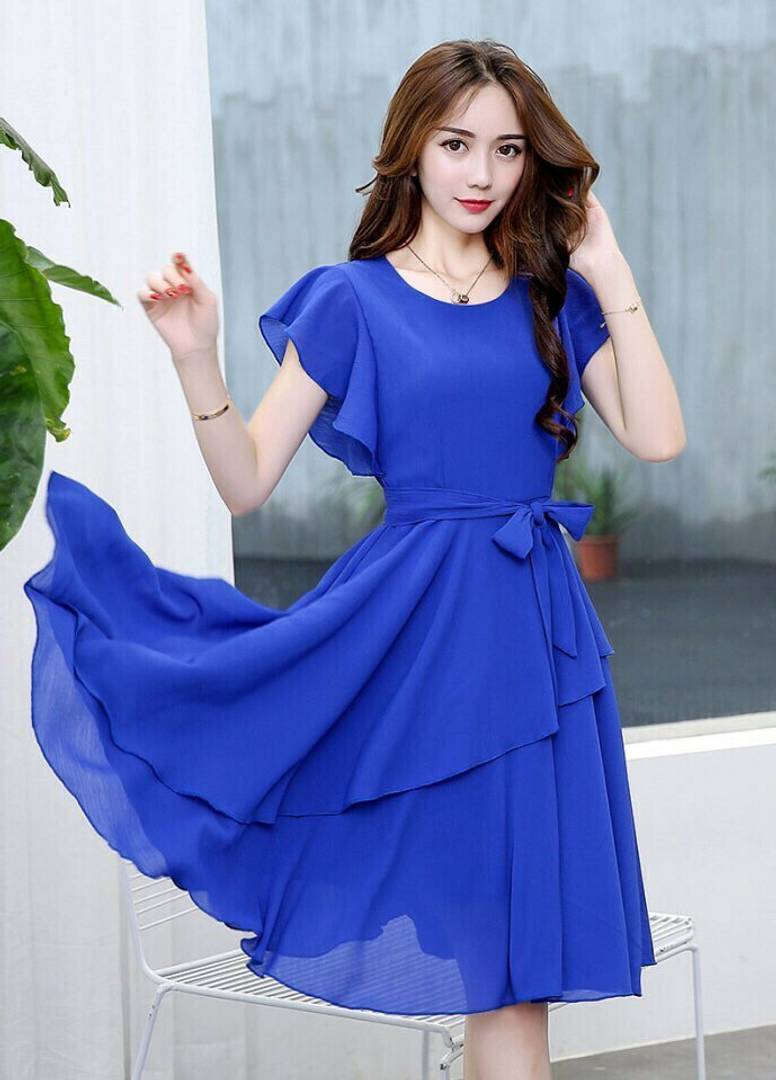 Women's Blue Georgette Solid knee Length Dress