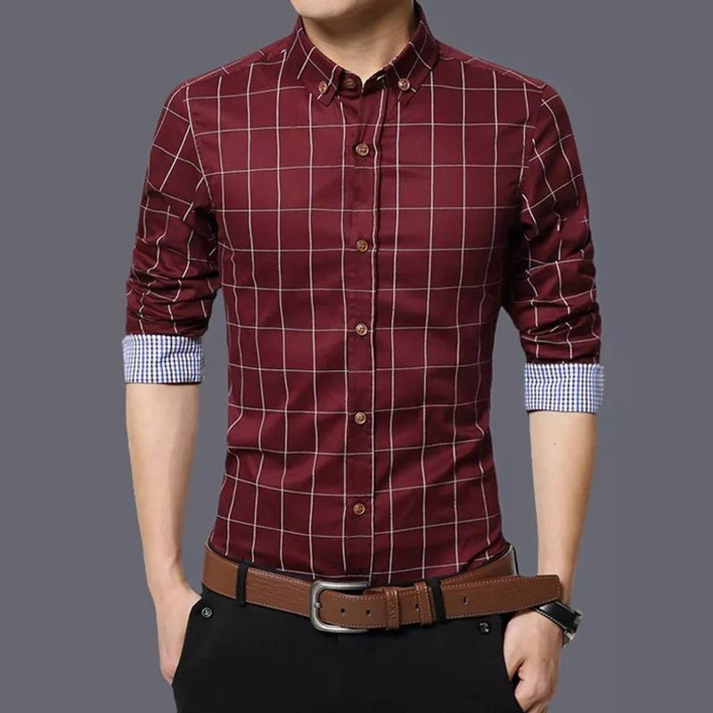 Men's Maroon Cotton Long Sleeves Checked Slim Fit Casual Shirt