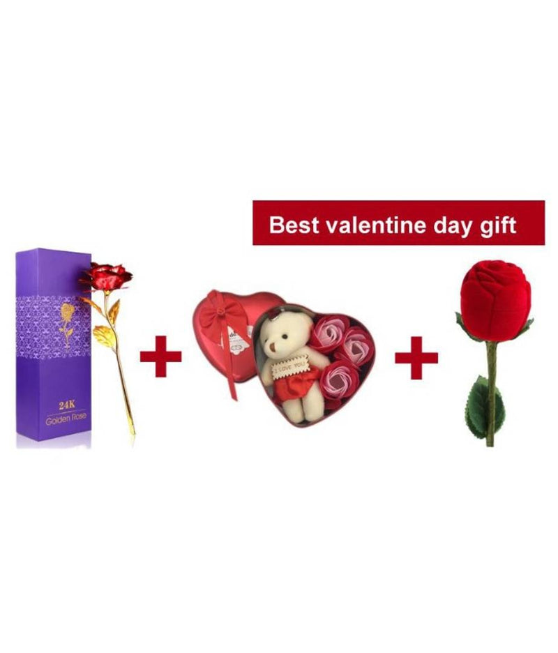 Velvet Red Rose Jewellery Ring Box,Valentine Gift Heart Shape Box With Teddy And Gold Plated Red Rose For Girlfriend