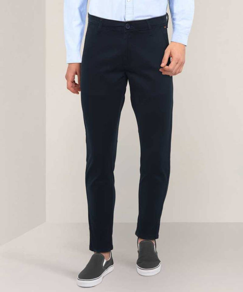 Men's Navy Blue Cotton Spandex Solid Mid-Rise Casual Regular Trouser