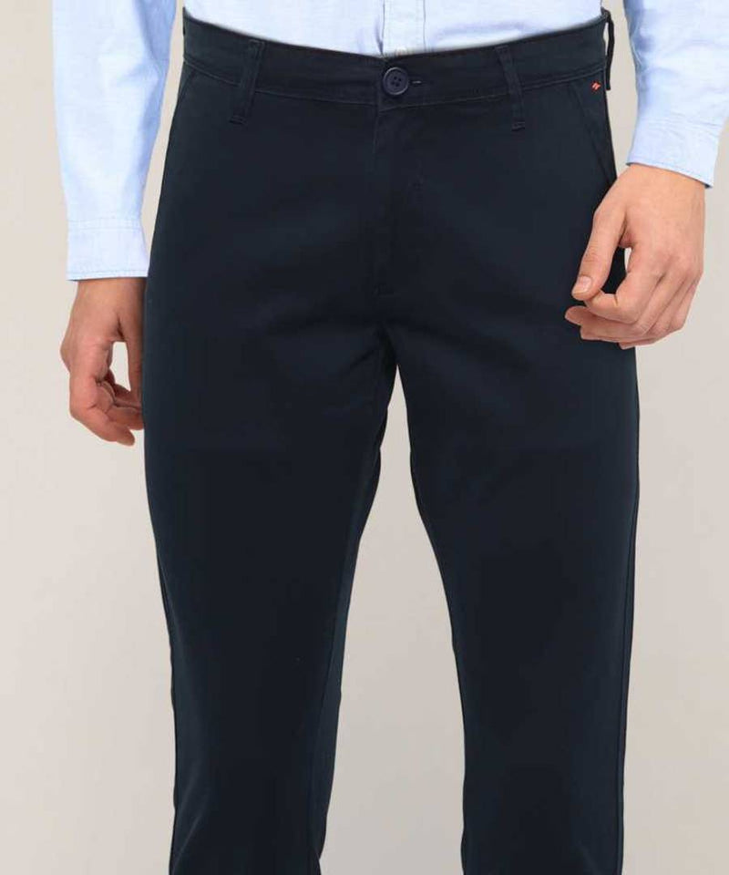 Men's Navy Blue Cotton Spandex Solid Mid-Rise Casual Regular Trouser