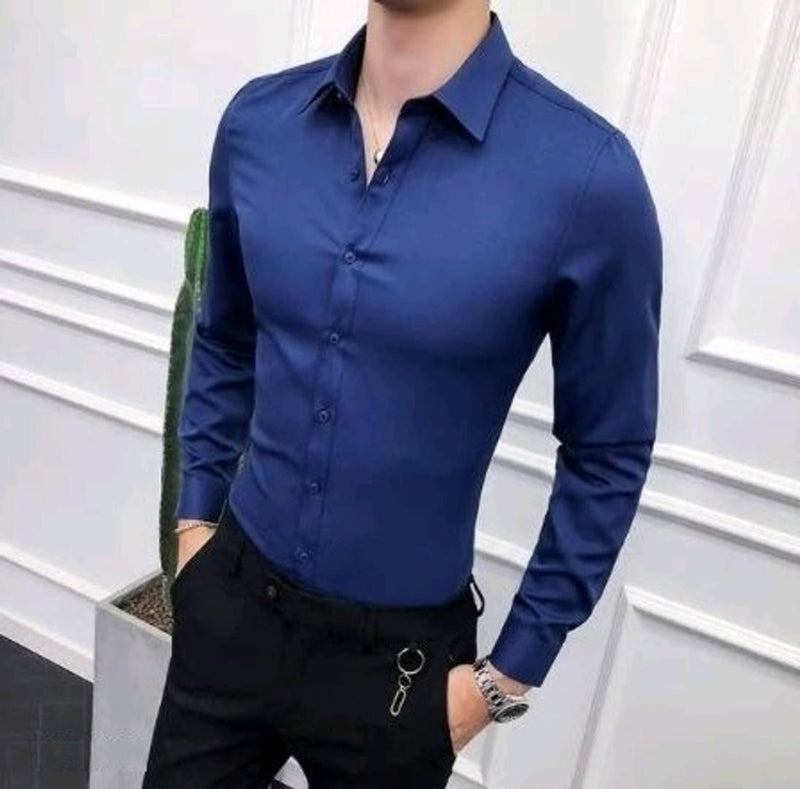Men's Navy Blue Cotton Solid Long Sleeves Regular Fit Casual Shirt