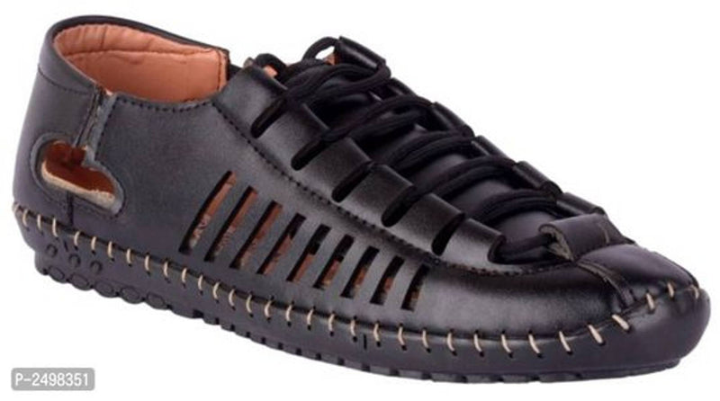 Men Black Synthetic Leather Lace Sandals