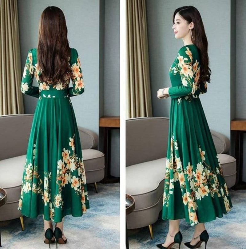 Green Flower Print Dress With Full Sleeve 0101