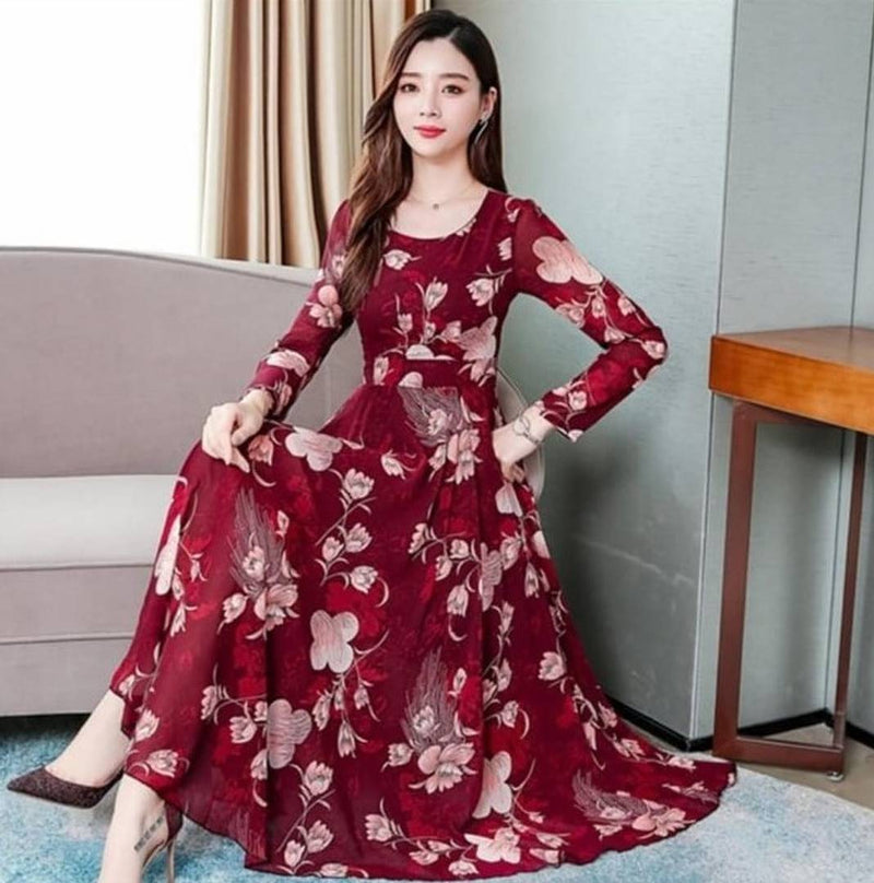 Maroon Floral Print With Full Sleeve Dress