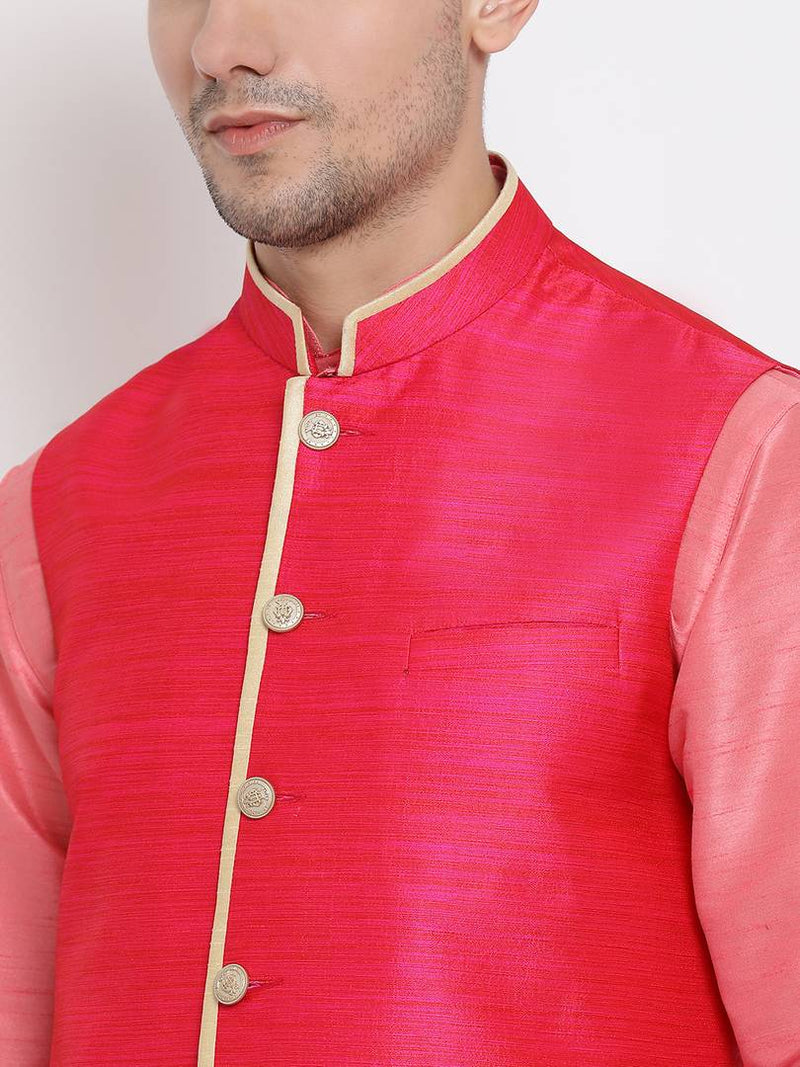 Vastramay Men's Pink Cotton Silk Blend Solid Ethnic Jackets