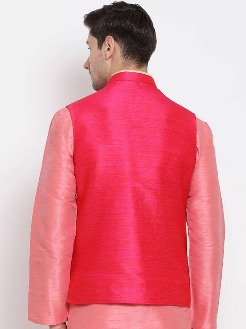 Vastramay Men's Pink Cotton Silk Blend Solid Ethnic Jackets