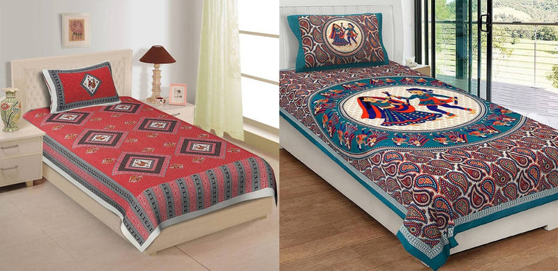 BUY 1 GET 1 FREE Jaipuri Printed Cotton Single Bedsheet With 2 Pillow Covers