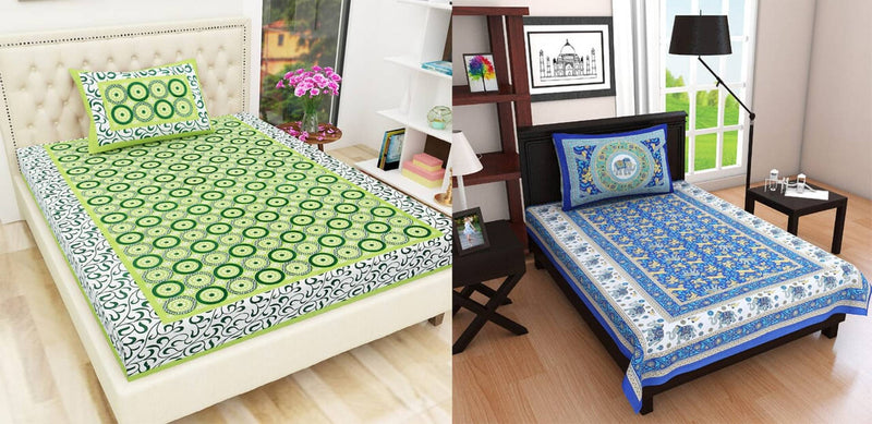 BUY 1 GET 1 FREE Jaipuri Printed Cotton Single Bedsheet With 2 Pillow Covers