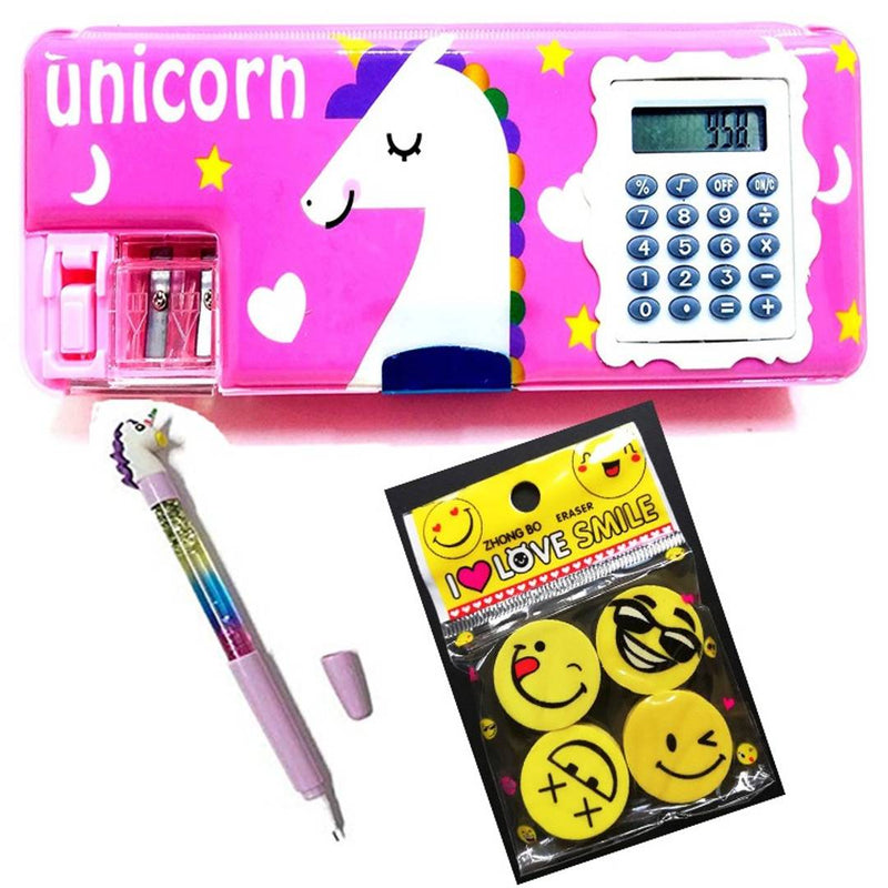Unicorn Multi-functional Geometry box for calculator/Two side open/Double Sharpener pink & Smiley Erasers /4 PCS Rubber Birthday Return Gifts for Kids UNICORN magic wand Gel Pen COMBO (PACK OF 3)