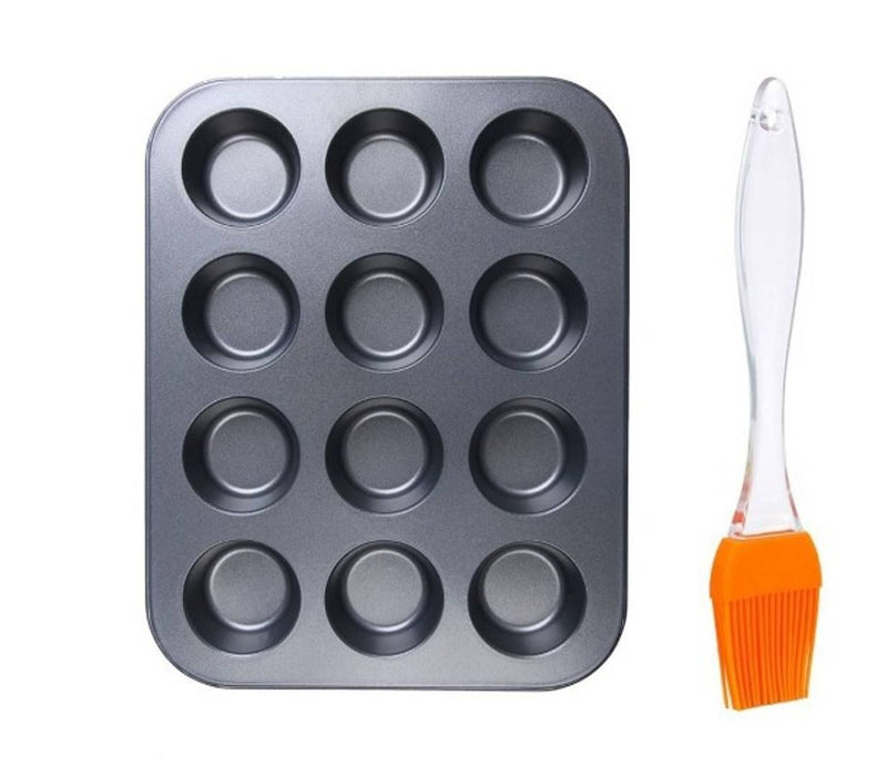Non Stick Coated Aluminium 12 Mini Cups Muffin Cupcakes Baking Tray with Silicone Brush Kitchen Tool Set