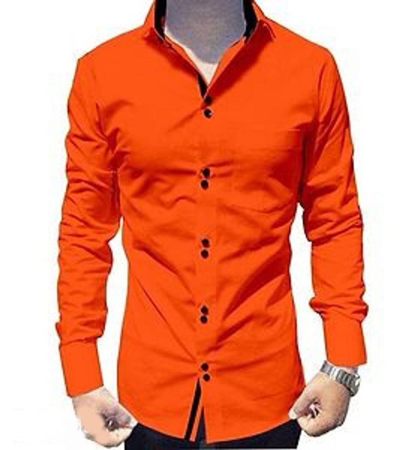 Men's Orange Cotton Long Sleeves Solid Slim Fit Casual Shirt