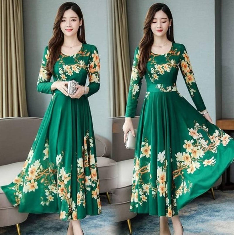 Green Floral Print Long Maxi Dress with Full Sleeve