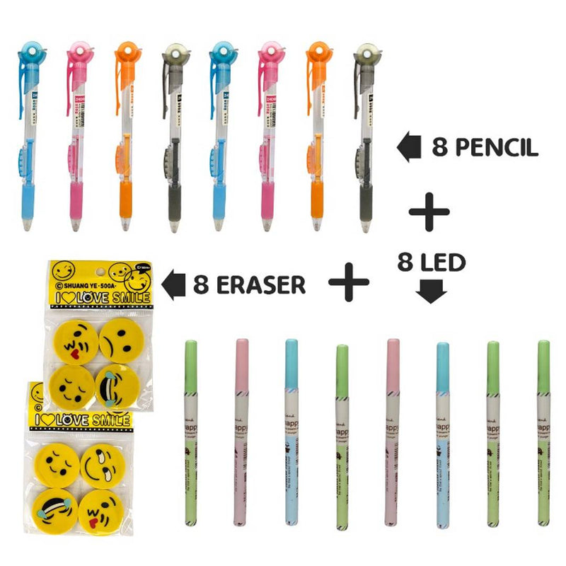 NHR Preimum 8 Wheel Rubber Pencil Set + 8 LED Set + 8 Smiley Rubber (12 led in each set)
