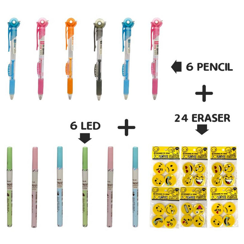 NHR Preimum 6 Wheel Rubber Pencil Set + 6 LED Set + 24 Smiley Rubber (12 led in each set)