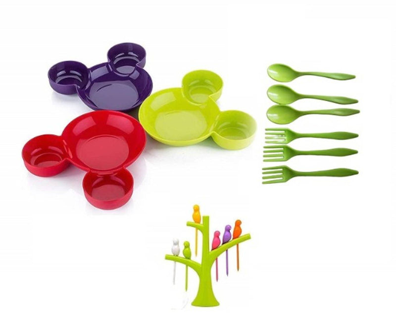 Unbreakable Eco-Friendly Children's Mickey Minnie Shaped Serving Food Plate with Spoon Fork (set of 3) and Fruit Fork