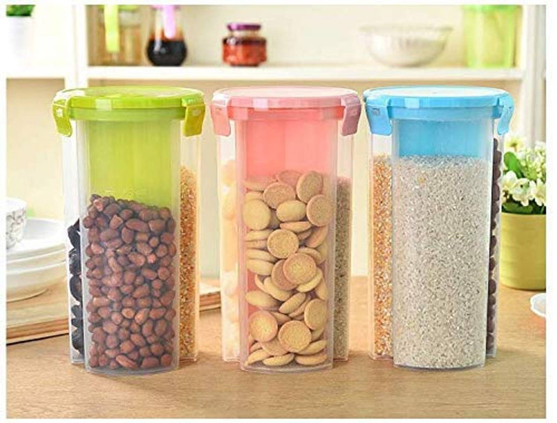 3 Sections Air Tight Transparent Grocery, Food, Grain,Storage Container Jar. 1lt Set Of 1
