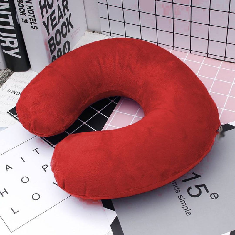 U Shaped Fiberglass Wool Non Compress Velvet Travel Neck Pillow  - Red