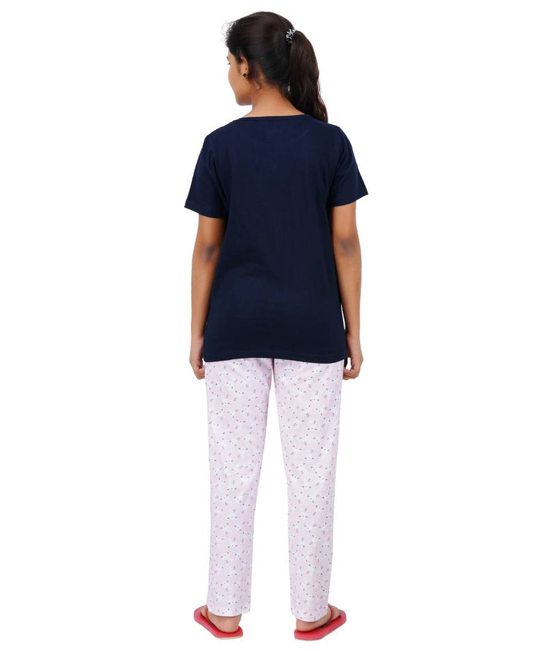 Girls Printed Navy Blue Top With Bottom - Pack of 1
