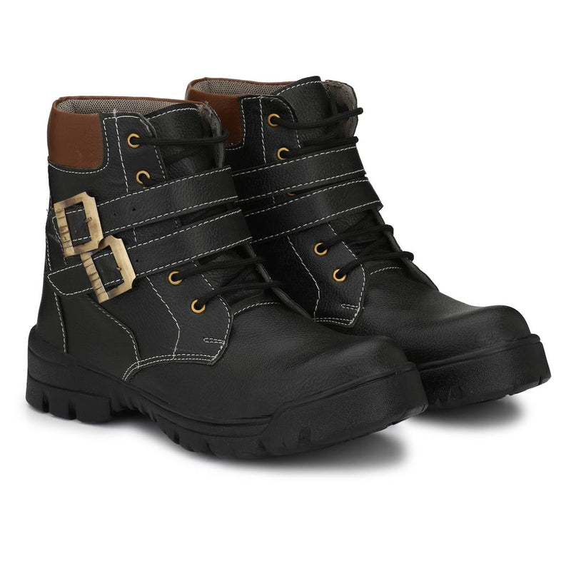 Leatherette Black Heavy Duty Buckle-Up Military High Ankle Length Casual Long Boot