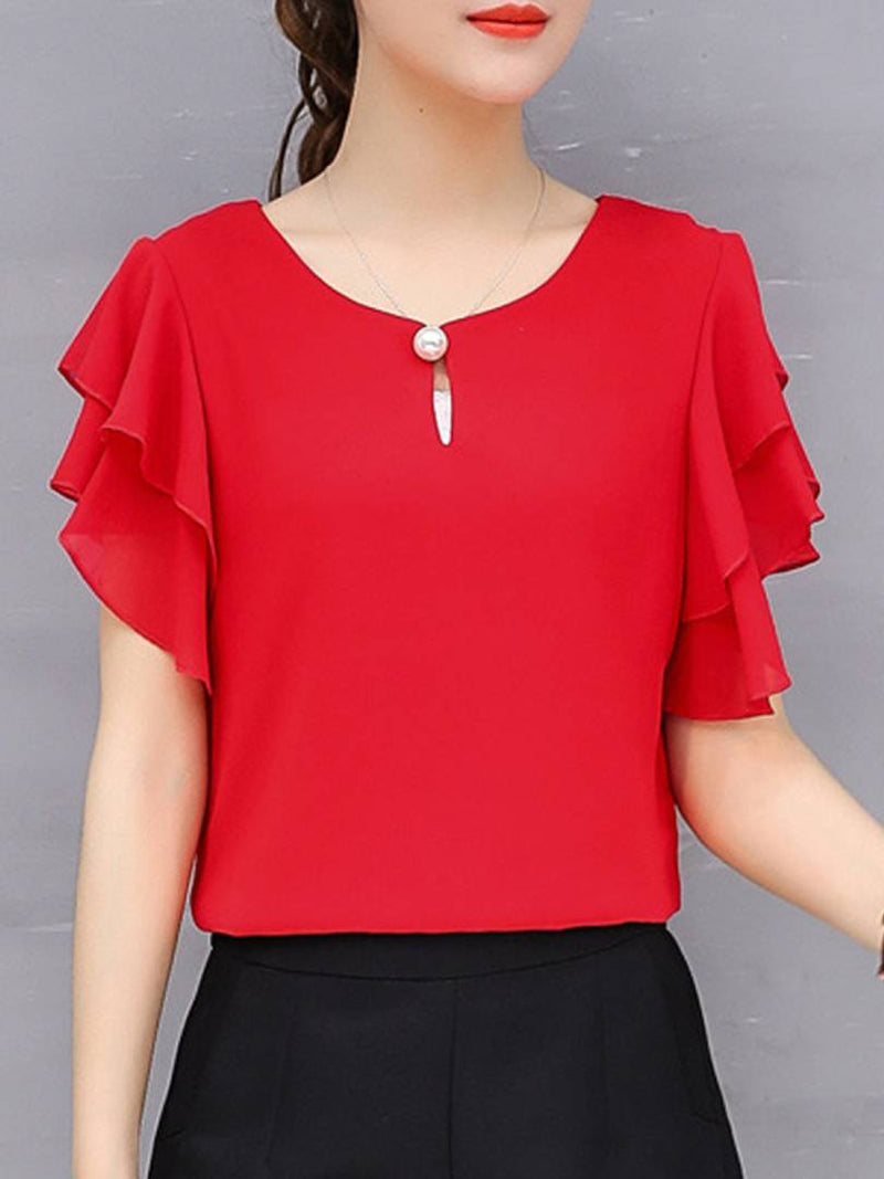 Vivient Women Red Ruffle Sleeve Neck Button Top