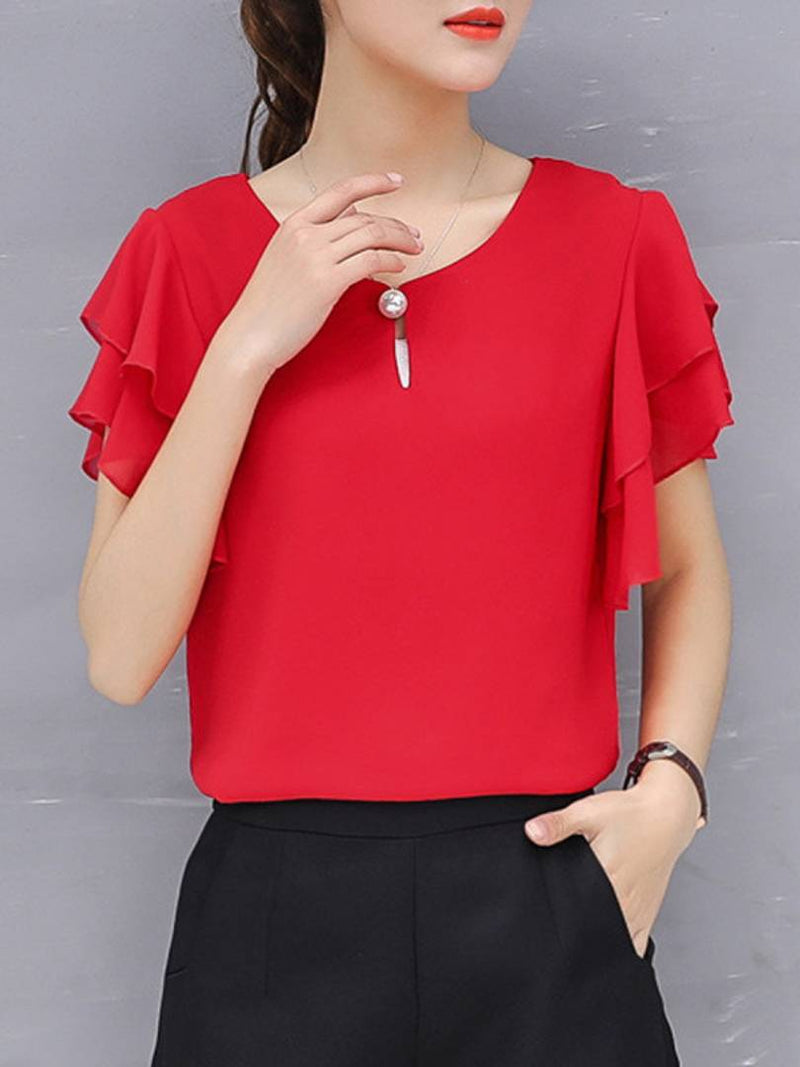 Vivient Women Red Ruffle Sleeve Neck Button Top