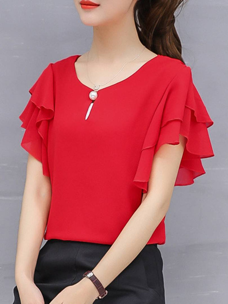 Vivient Women Red Ruffle Sleeve Neck Button Top