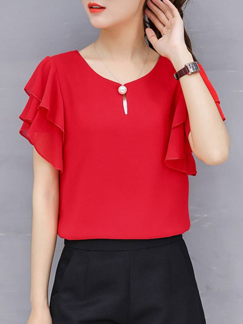 Vivient Women Red Ruffle Sleeve Neck Button Top